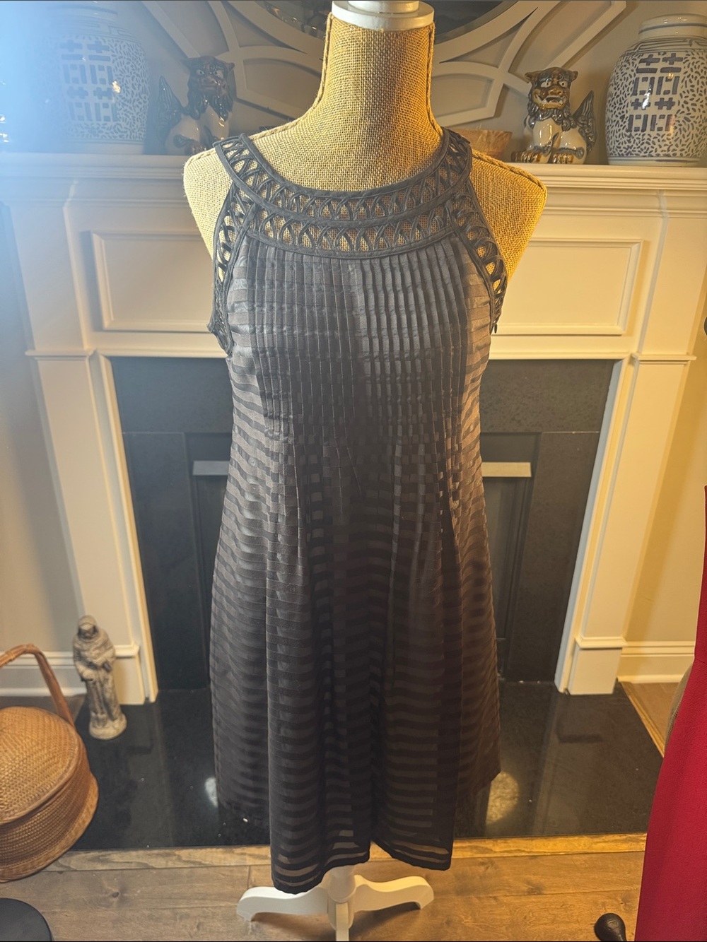 Cynthia Steffe Brown Striped Midi Dress with Crochet Yoke